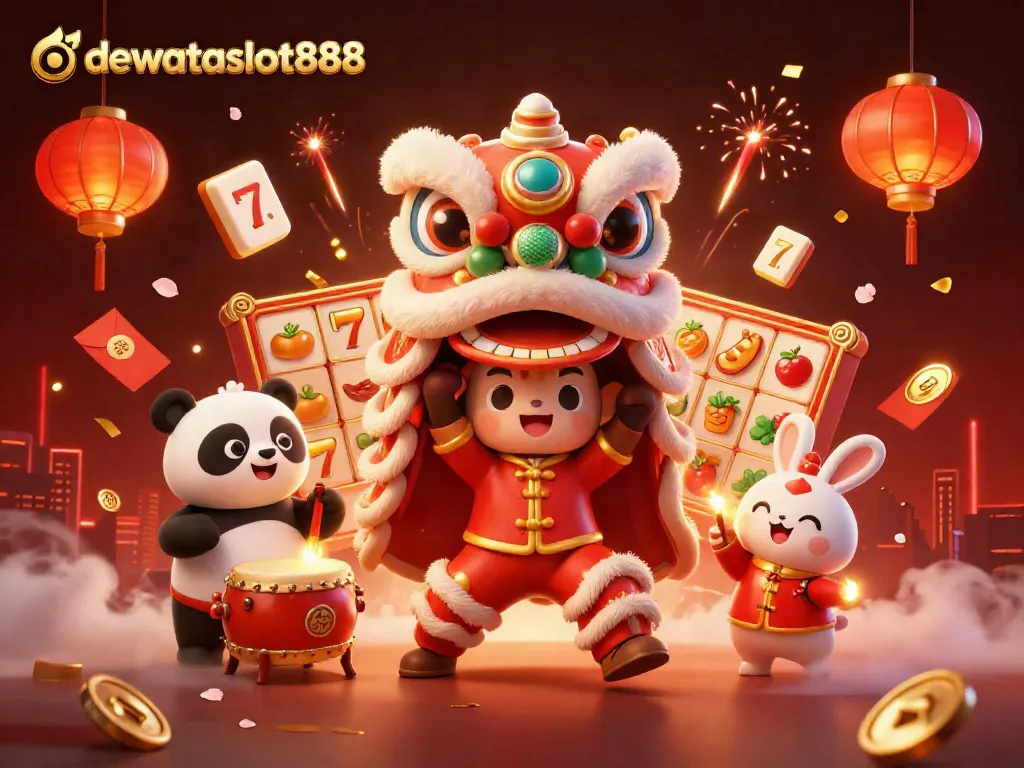 Menangkan jackpot dengan dewataslot888, dengan karakter menarik dan elemen permainan slot yang bersinar.