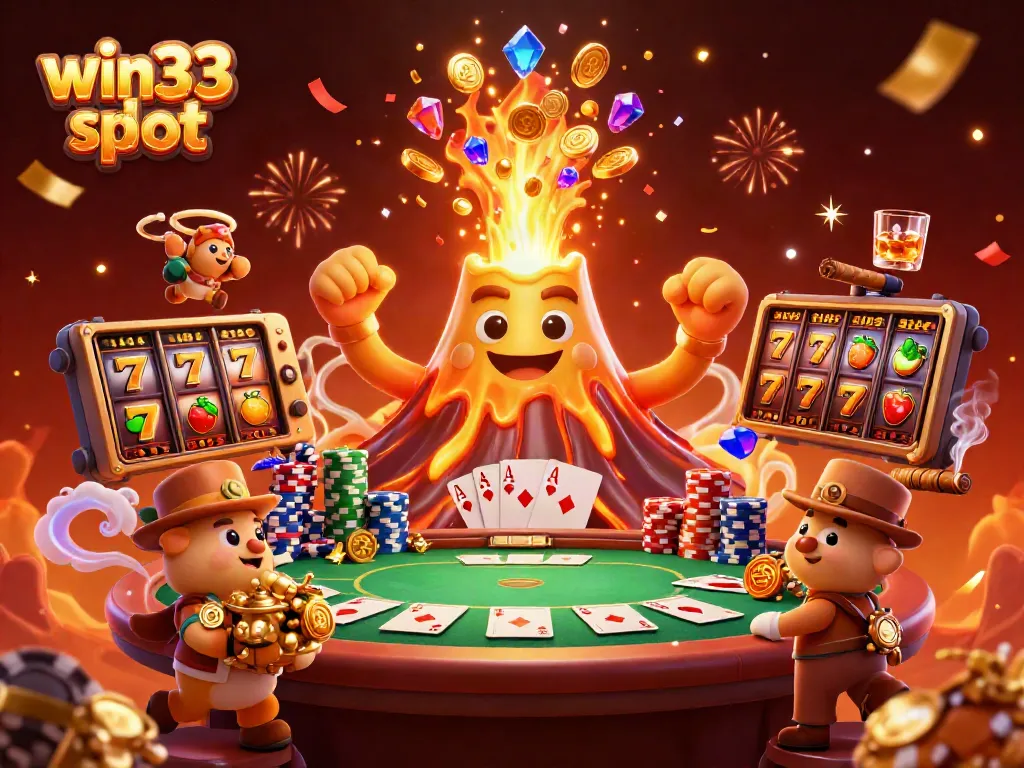 Experience win33 slot excitement with a 3D golden volcano unleashing treasures in a vibrant casino scene.