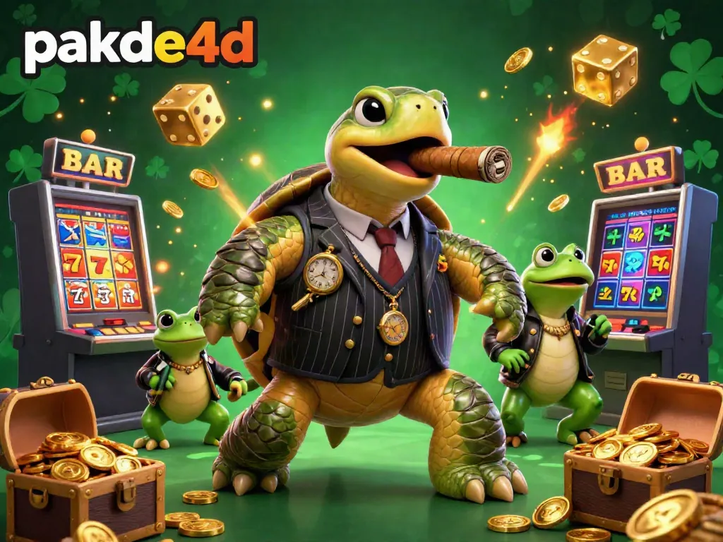 Engage with the vibrant pakde4d casino scene featuring a snapping turtle mobster and bullfrog enforcers amidst jackpot excitement.