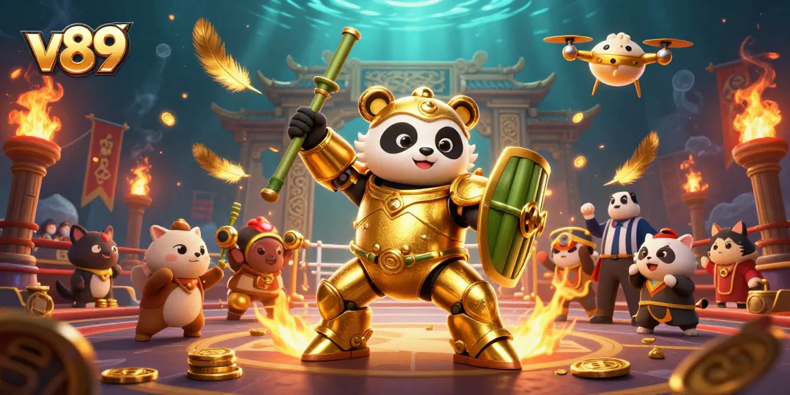 Bermain di dunia v89 dengan panda berrobot, menyebar koin emas dan elemen kasino yang menarik.