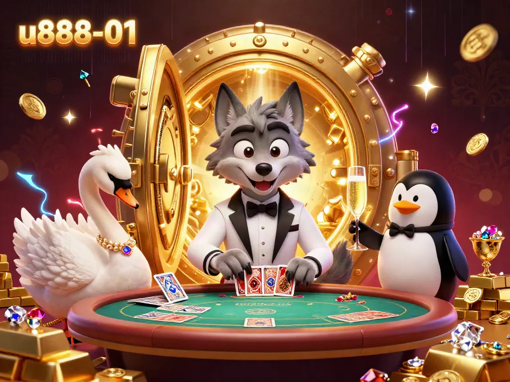 Engaging u888-01 casino scene featuring charming cartoon characters in an opulent baccarat setting with gold treasures.