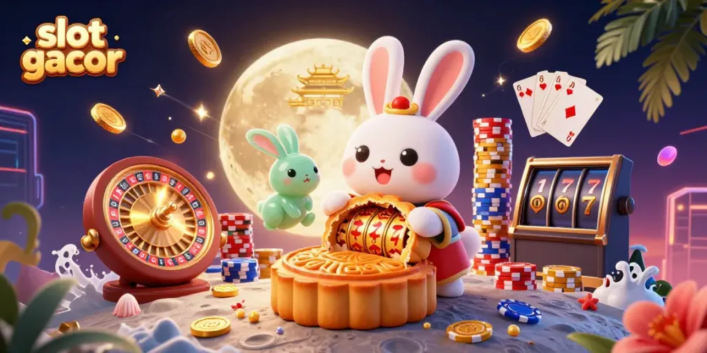 Menangkan slot gacor dengan karakter 3D kelinci bulan tradisional dan simbol permainan di luar angkasa
