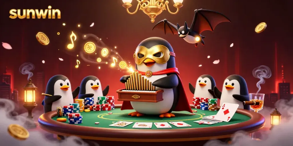Experience the excitement at sunwin as a penguin plays an organ while coins fly during a vibrant casino scene.