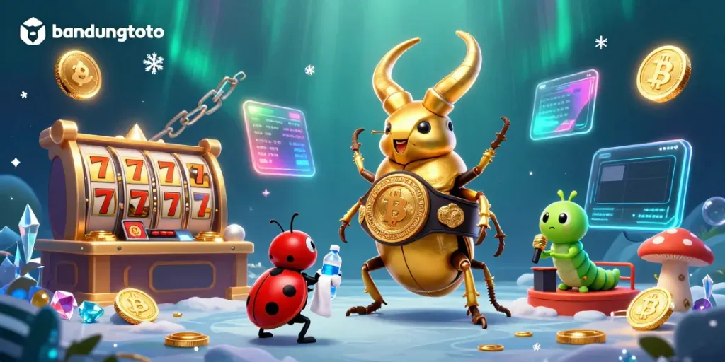 Experience thrilling action in bandungtoto with a giant golden beetle boxing champion in a vibrant casino scene.