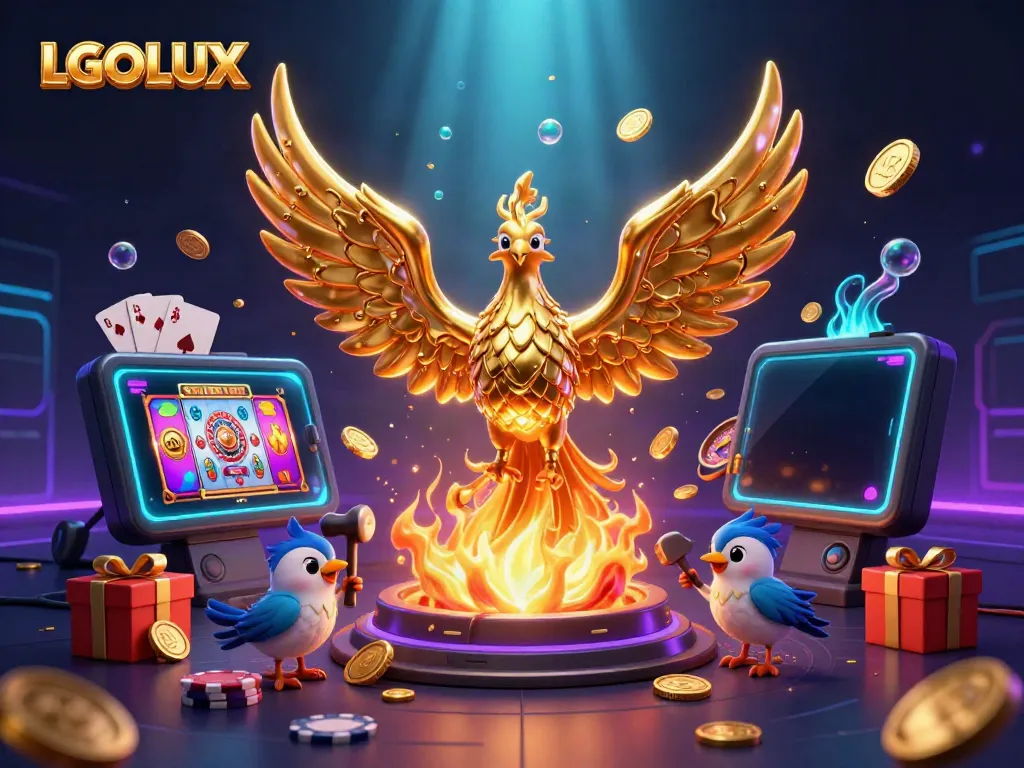 Unleash excitement with LGOLUX's golden phoenix and gaming elements in a vibrant casino scene.