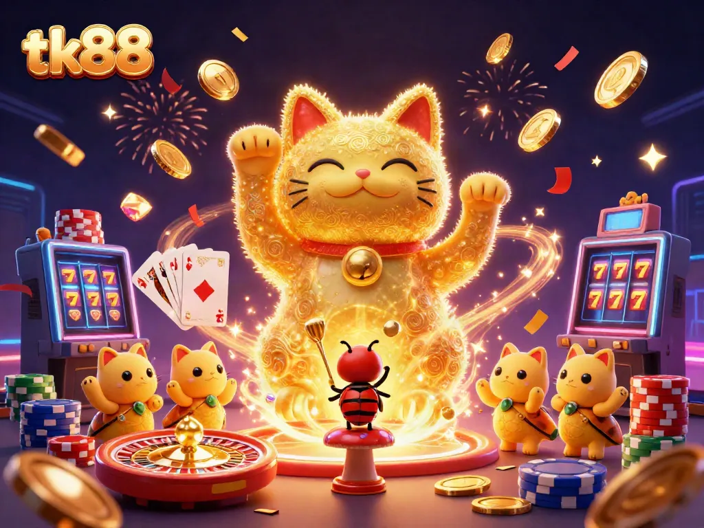 Experience the thrill of tk88 with a vibrant 3D lucky cat and casino symbols illustration.
