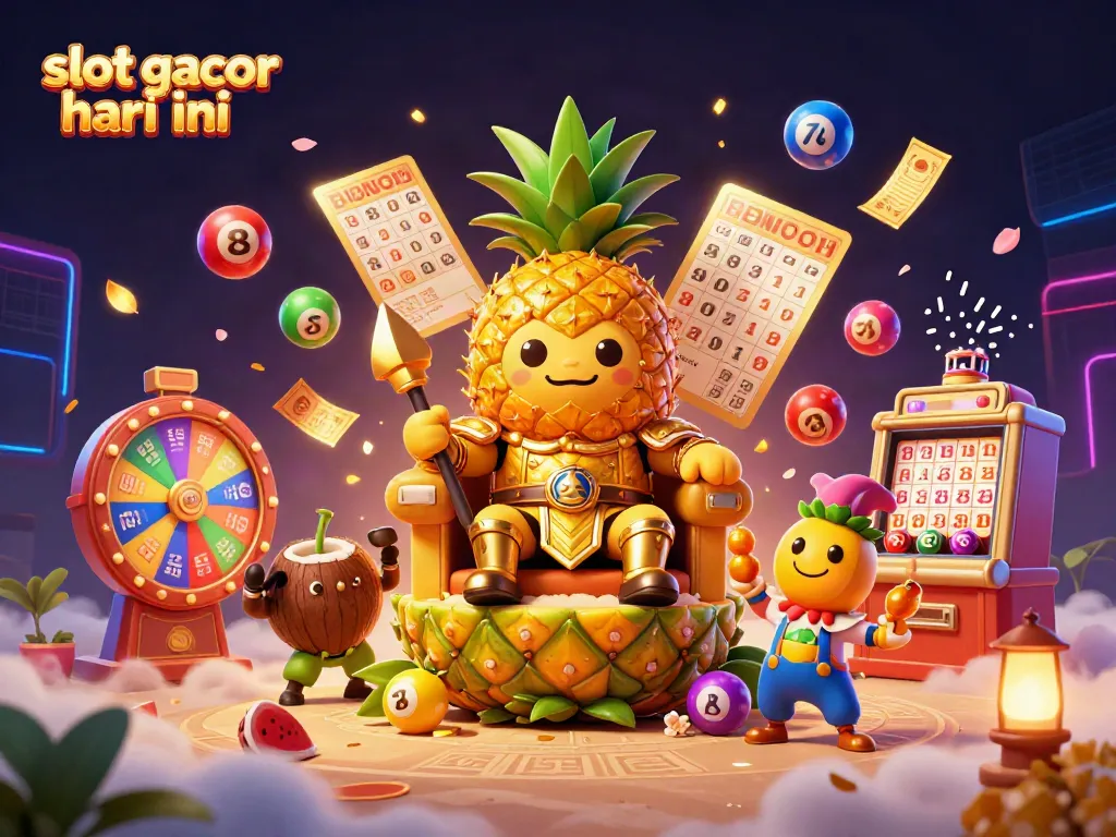 Engage with slots like "slot gacor hari ini" in a vibrant casino scene with dynamic prizes and characters.