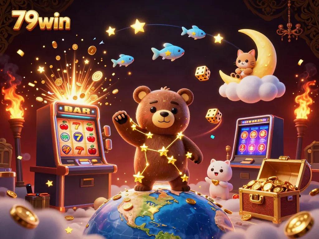 Engage in thrilling gameplay with 79win's vibrant casino scene, showcasing dazzling jackpots and exciting characters.