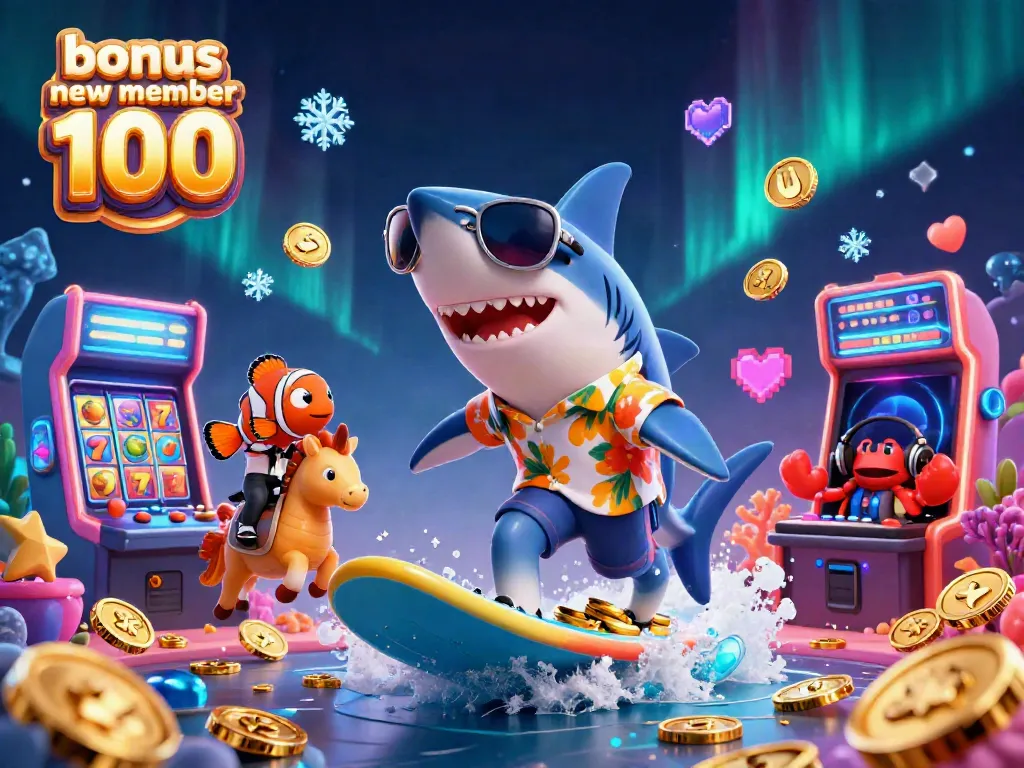Experience the thrill of bonus new member 100 with a shark surfer and vibrant slot elements in a stunning 3D scene.