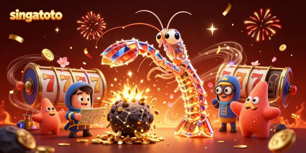 Experience the excitement of singatoto with a cosmic samurai amidst slot reels and cheerful confetti.