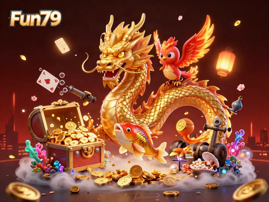 Engage with Fun79's vibrant gaming universe, featuring a golden dragon and phoenix amidst sparkling treasures.