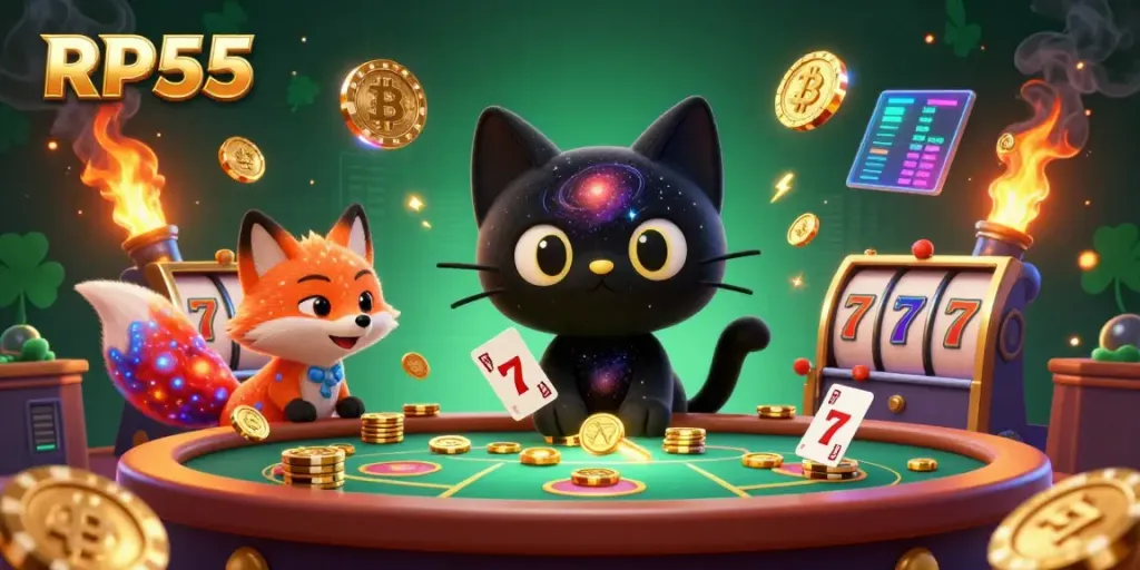 Engage with the vibrant RP55 cosmic casino scene featuring a black hole cat and nebula fox capturing golden chips.