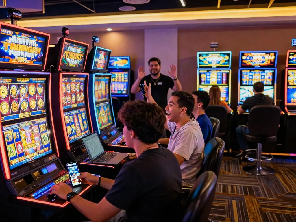 Players enjoying a variety of slot resmi games in an engaging online casino environment, showcasing excitement and social interaction.