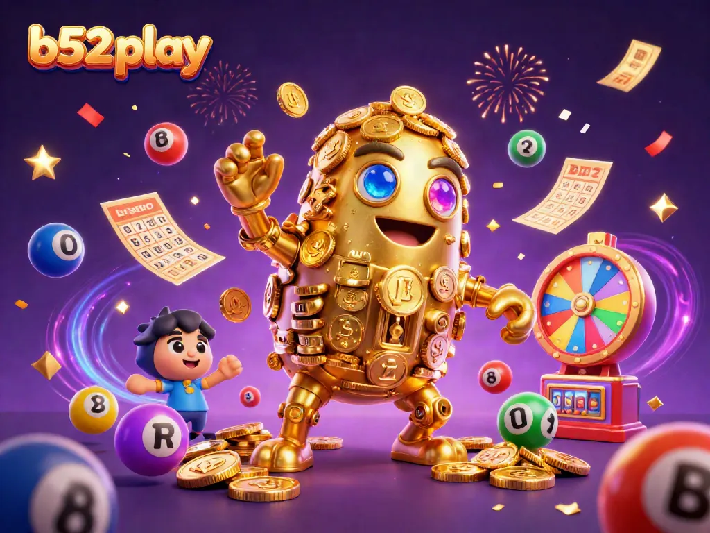 Engage with dynamic b52 play thrills, witnessing a dazzling scene of golden golems and vibrant lottery elements.