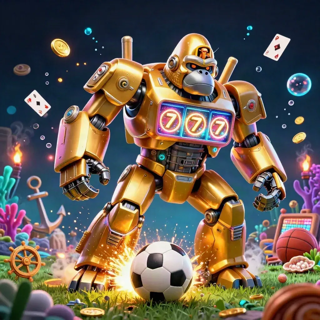 Golden gorilla mech launches a soccer ball amid treasure-cove casino effects.