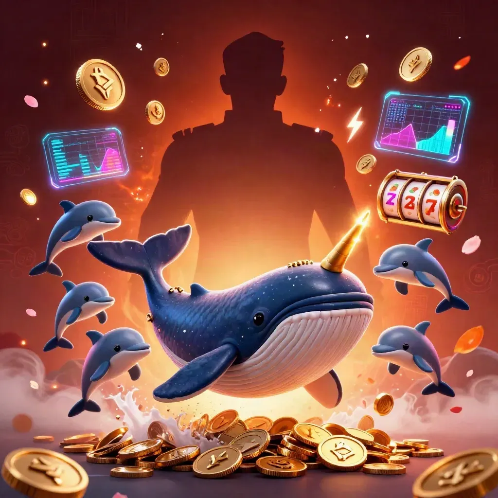 Whale captain, narwhal, dolphins, glowing coins, neon casino magic, dramatic hero art