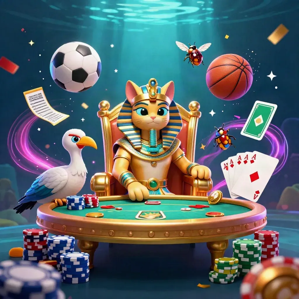 Pharaoh cat, ibis scribe and gem-winged scarabs amid casino cards, chips, and neon sports balls.