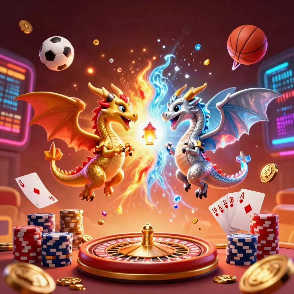Twin gold and silver dragons burst with casino and sports symbols in neon glow.