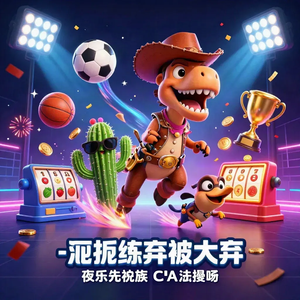 Cowboy T-Rex, cactus and roadrunner burst through neon casino chaos with sports balls and gold.