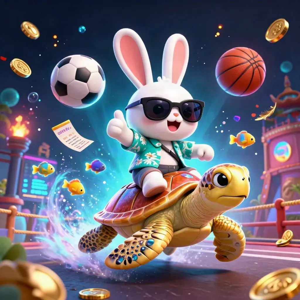 Rabbit on golden sea turtle amid sports balls, coins, and neon casino glow.