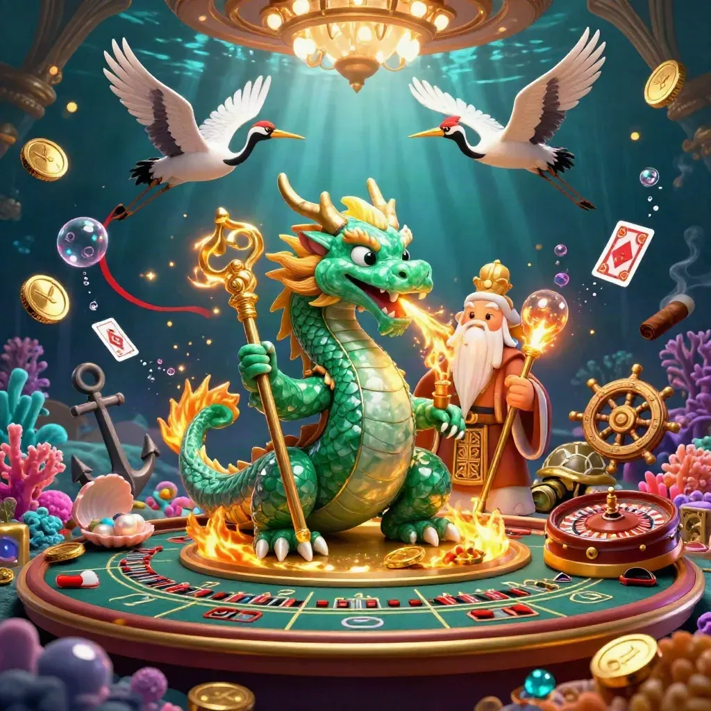 Emerald dragon, turtle sage and cranes amid a glowing underwater casino treasure cove.