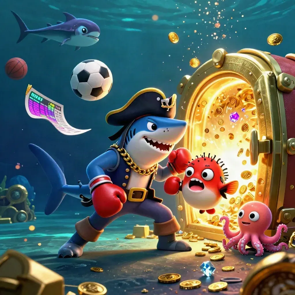 Pirate shark, pufferfish, and octopus amid gold, balls, and vault-light underwater