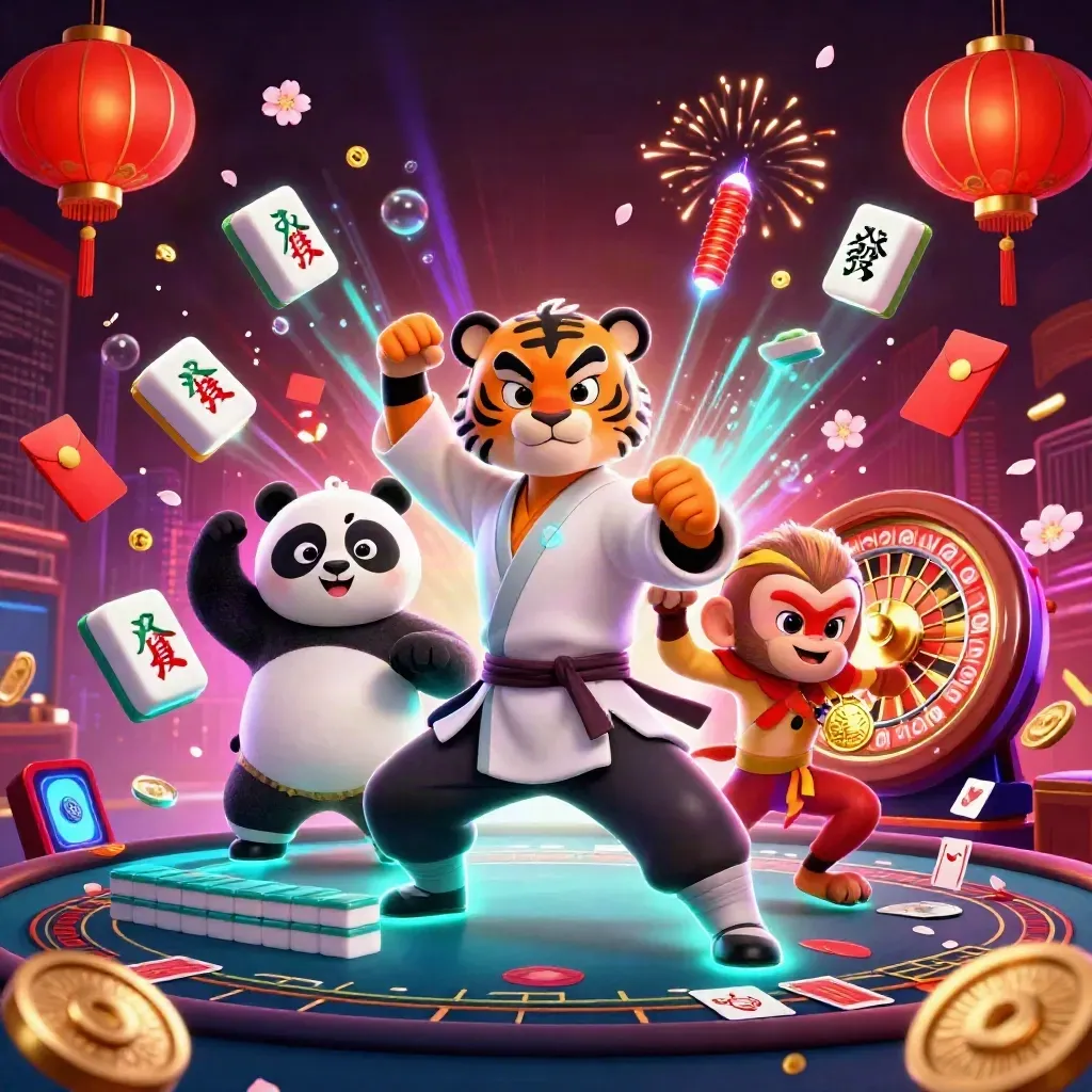 Kung-fu tiger, panda, and monkey amid neon casino glow, mahjong tiles, lanterns, coins, and light