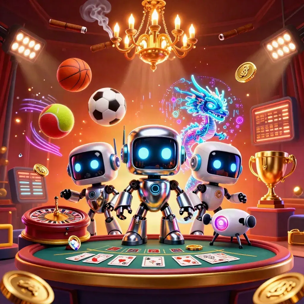 Cyberpunk robot, holographic dragon, and coin drone in a glowing casino room with sports balls and gold.