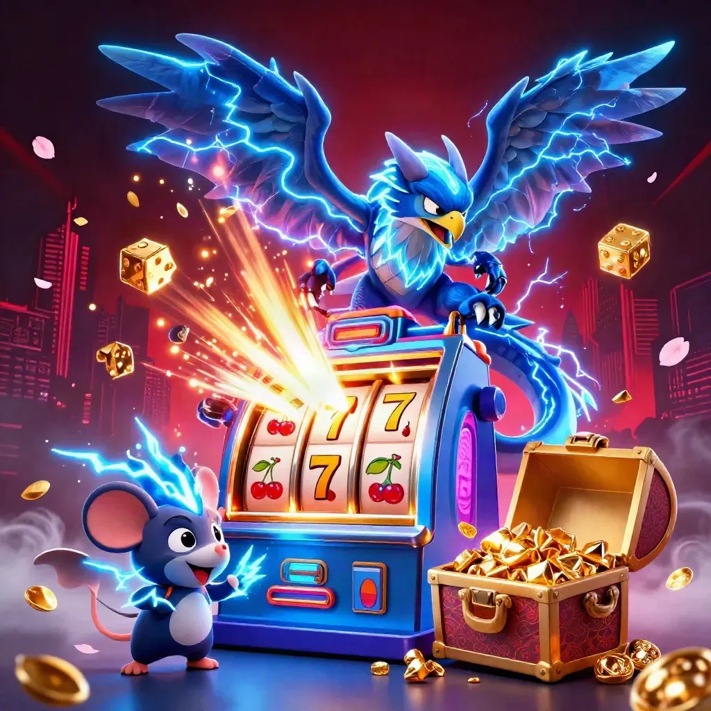 Thunder dragon, glowing hawk and static mouse burst with slots, gold, and neon casino effects.