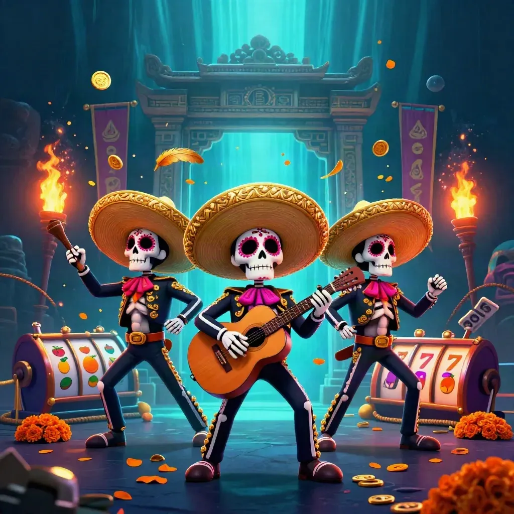 Three skeleton mariachi heroes amid casino relics, coins, cyan glow, underwater teal depth.