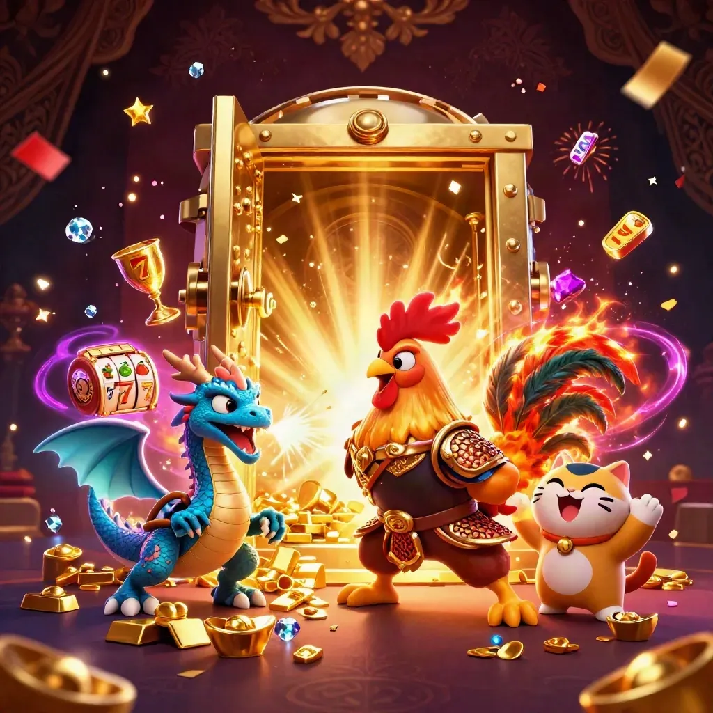 Rooster warrior, dragon hatchling, and fortune cat burst from a vault amid gold and neon casino sparks.