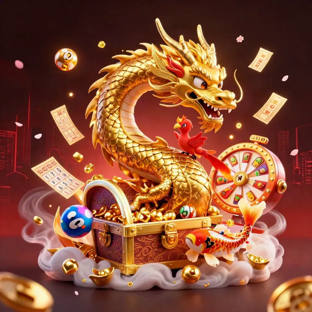 Golden dragon with phoenix and koi bursting through casino treasures in a neon splash scene.