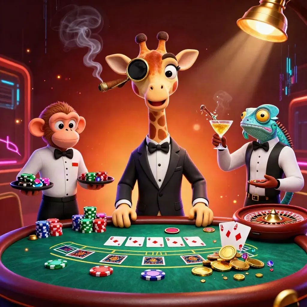 Giraffe, monkey valet, and chameleon bartender in a neon casino tableau with chips, cards, and gold glow