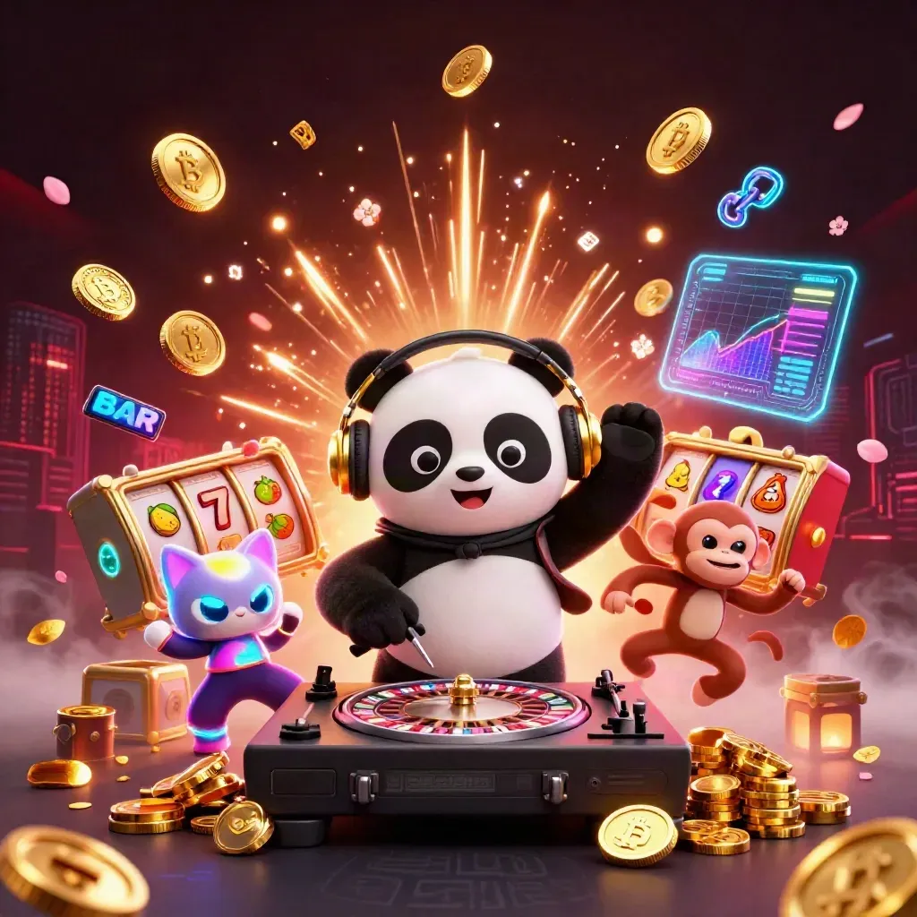 DJ panda, monkey, and glow kitten amid coins, fireworks, slot reels, neon crypto effects.