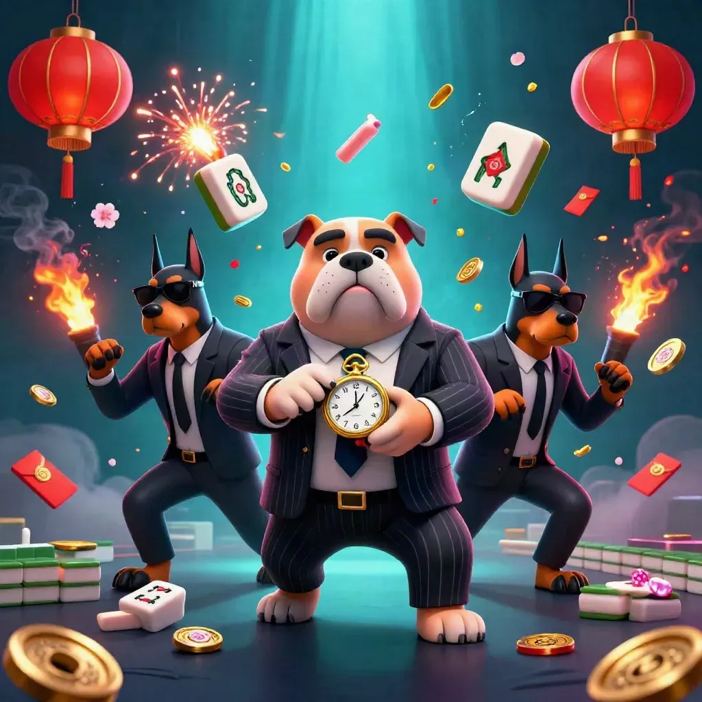 Bulldog boss and two Doberman bodyguards amid lanterns, tiles, coins and thunder in neon cyan glow.