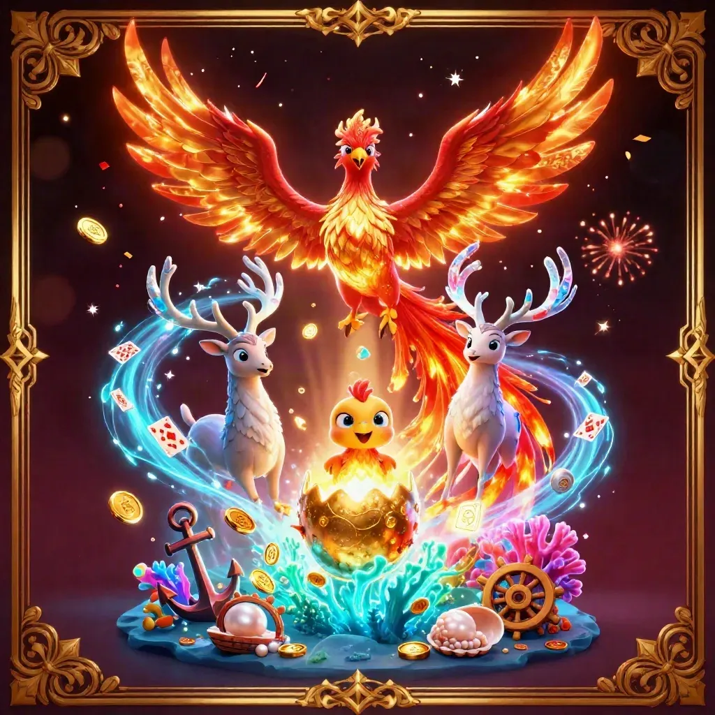 Phoenix, hatching chick, and crystal-antler stag amid treasure, coral, coins, and glowing casino fantasy