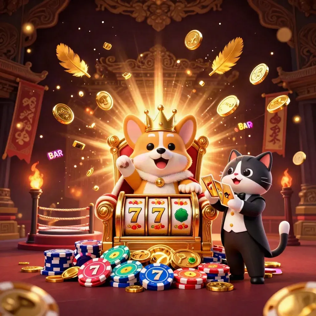 Royal corgi and cat butler amid coins, reels, temple gate, fireworks, luxury casino glow
