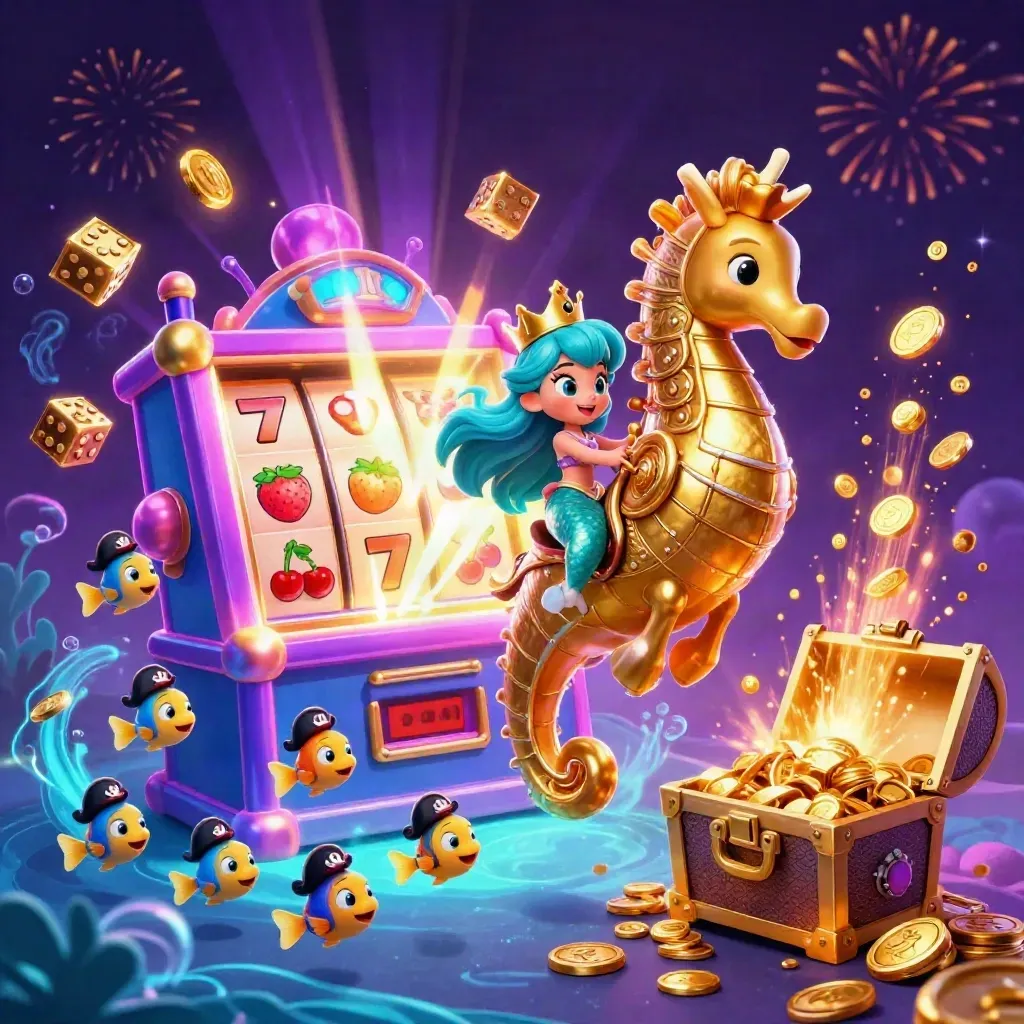 Mermaid princess on a golden seahorse amid exploding slots, treasure, coins, and neon fireworks.