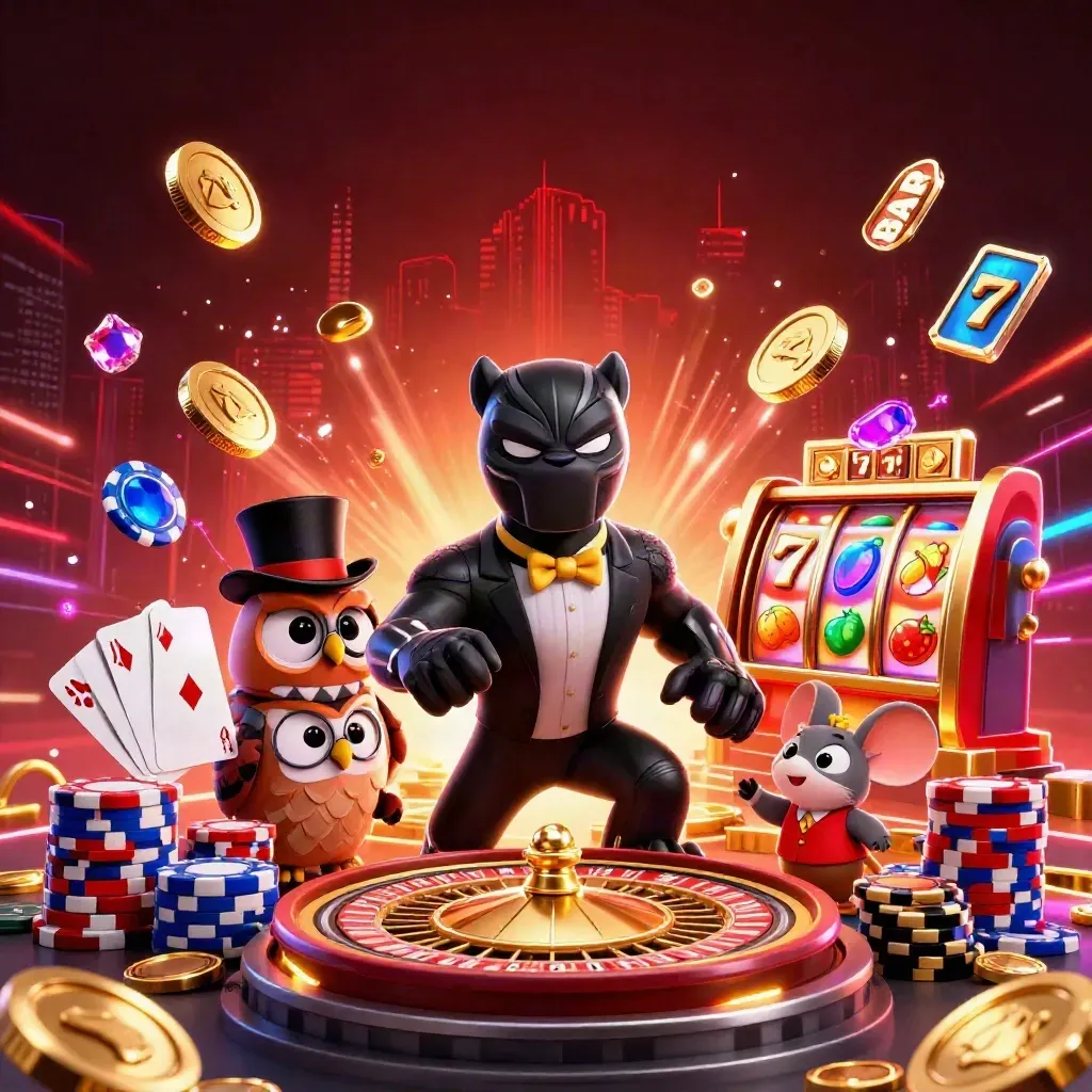 Panther, owl, and mouse amid coins, roulette, chips, fireworks, and neon casino energy.
