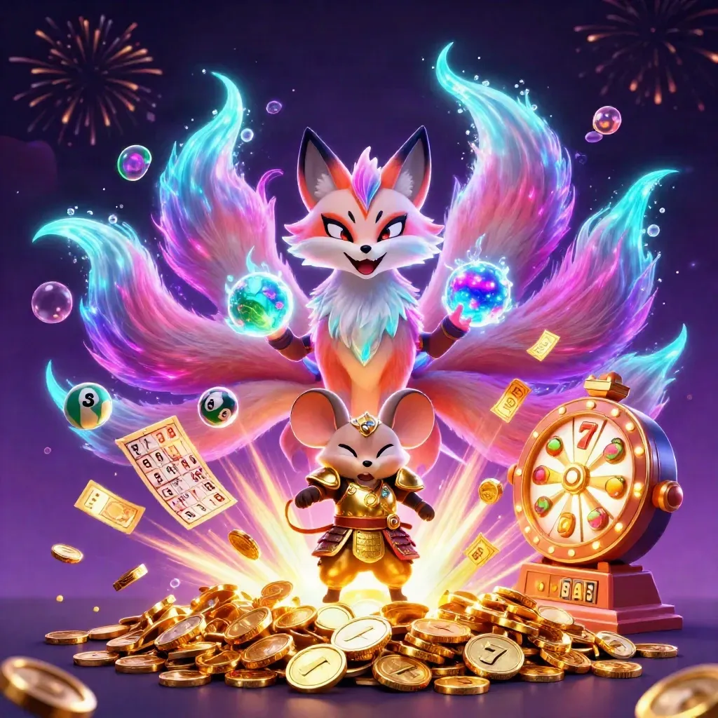 Neon fox spirit and samurai mouse amid casino treasure bursts, prize wheel, slots, and fireworks