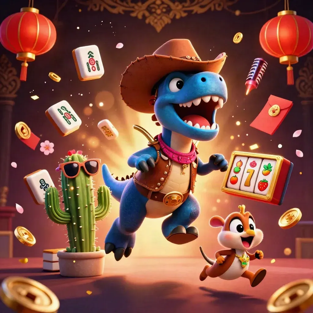 Cyan-lit cowboy T-Rex trio with casino symbols exploding around them on a dark luxe backdrop.