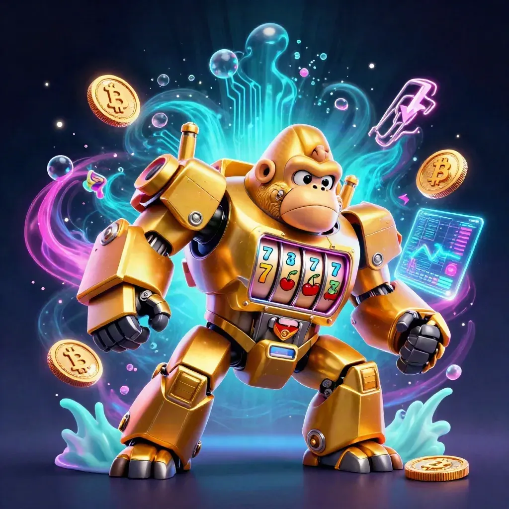 Golden gorilla slot mech with tiny pilot, neon coins, charts, lightning, and arcade glow.