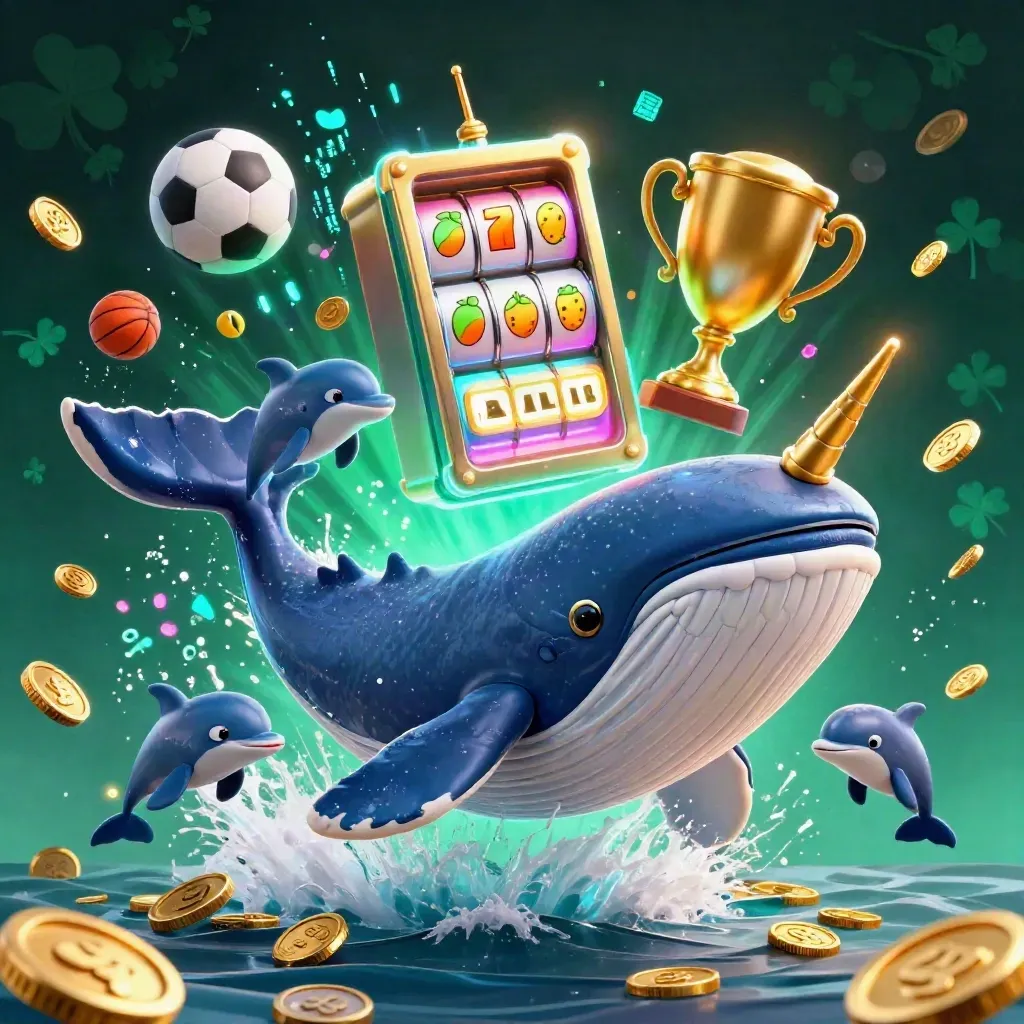 Whale captain, narwhal and dolphins burst through coins with neon casino effects and slot symbols.