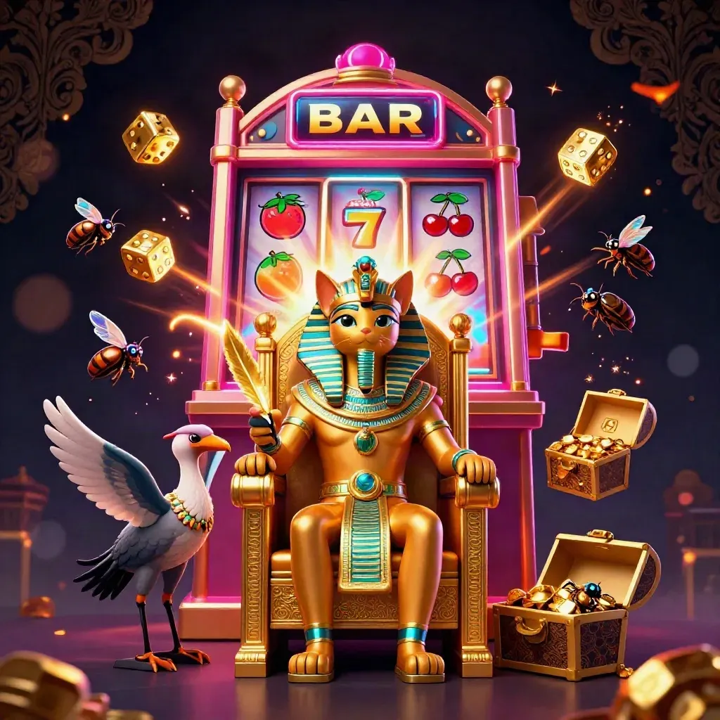 Pharaoh cat, ibis scribe, and gem-winged scarabs amid a bursting slot machine and gold glow.