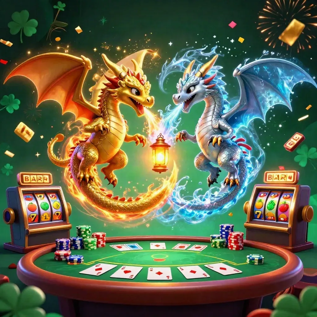 Gold and silver dragons spiral around casino props in a dark emerald glow with confetti and sparks.