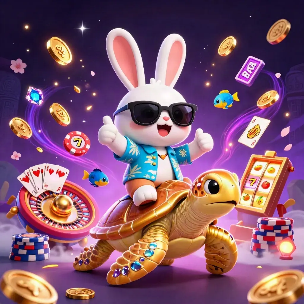 Lucky rabbit rides a golden sea turtle amid coins, reels, cards, chips, and neon casino magic.