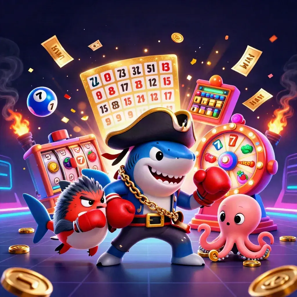 Shark pirate, pufferfish boxer, and octopus juggle gold amid neon casino effects.
