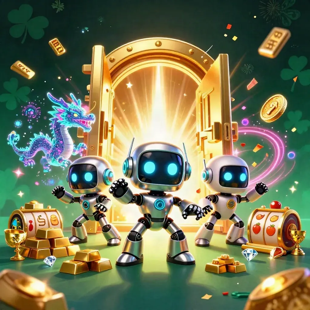 Cyberpunk robot, hologram dragon, and coin drone around a vault of gold and casino sparks.