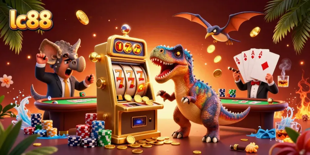 Watch a pachycephalosaurus at lc88 jackpot machines, capturing flying golden coins in a vibrant casino.