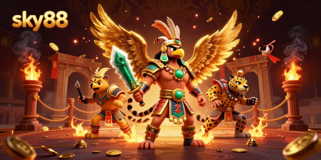 Experience thrilling gameplay at sky88, with an Aztec warrior battling in a vibrant casino arena.